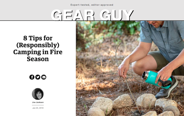 Gear Guy post titled 8 Tips for (Responsibly) Camping in Fire Season with image of camper pouring water on a fire