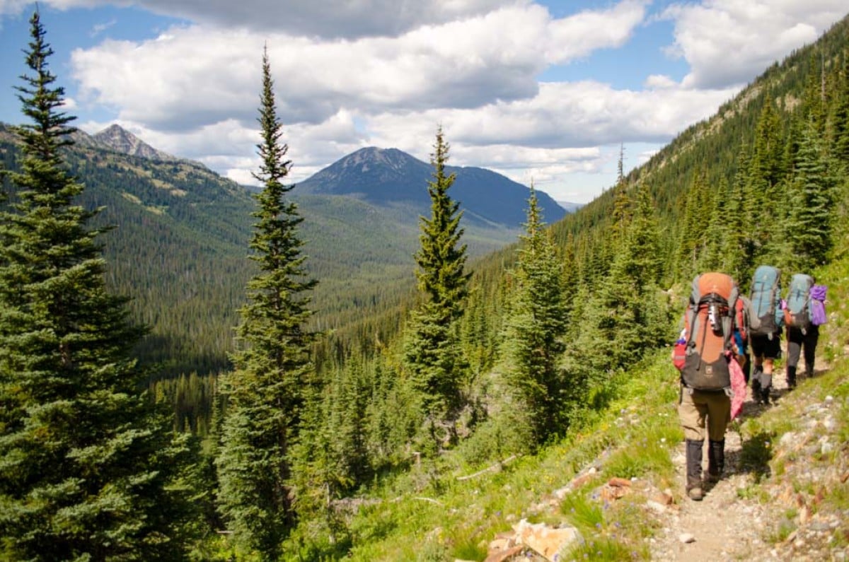 Group hiking on a trail in the mountains