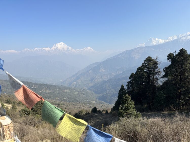 Scenic shot of Ananpurna with prayer flags in foreground lower left