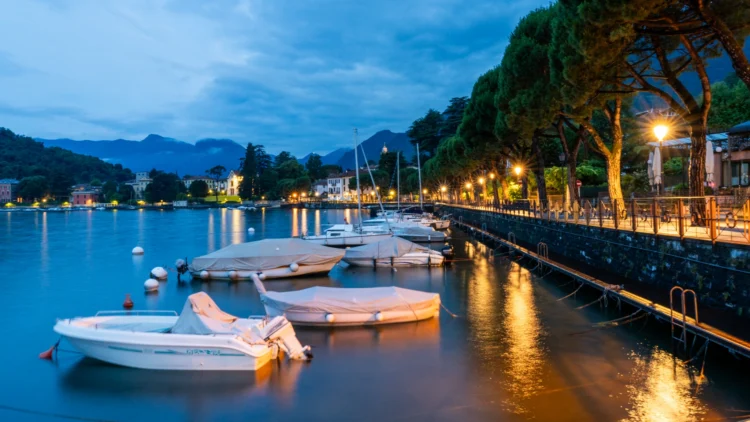 Boats are anchored next to the shore, with street lights lighting up the road to the side in the darkness of night.
