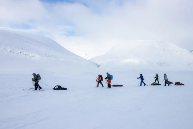 Nordic skiers travel across tundra with snow all around them. 