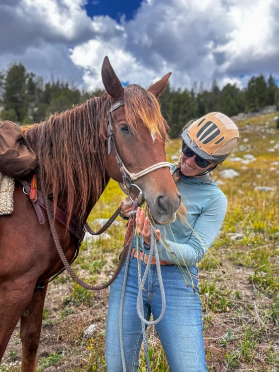 Woman bridles horse and horse looks towards the camera.