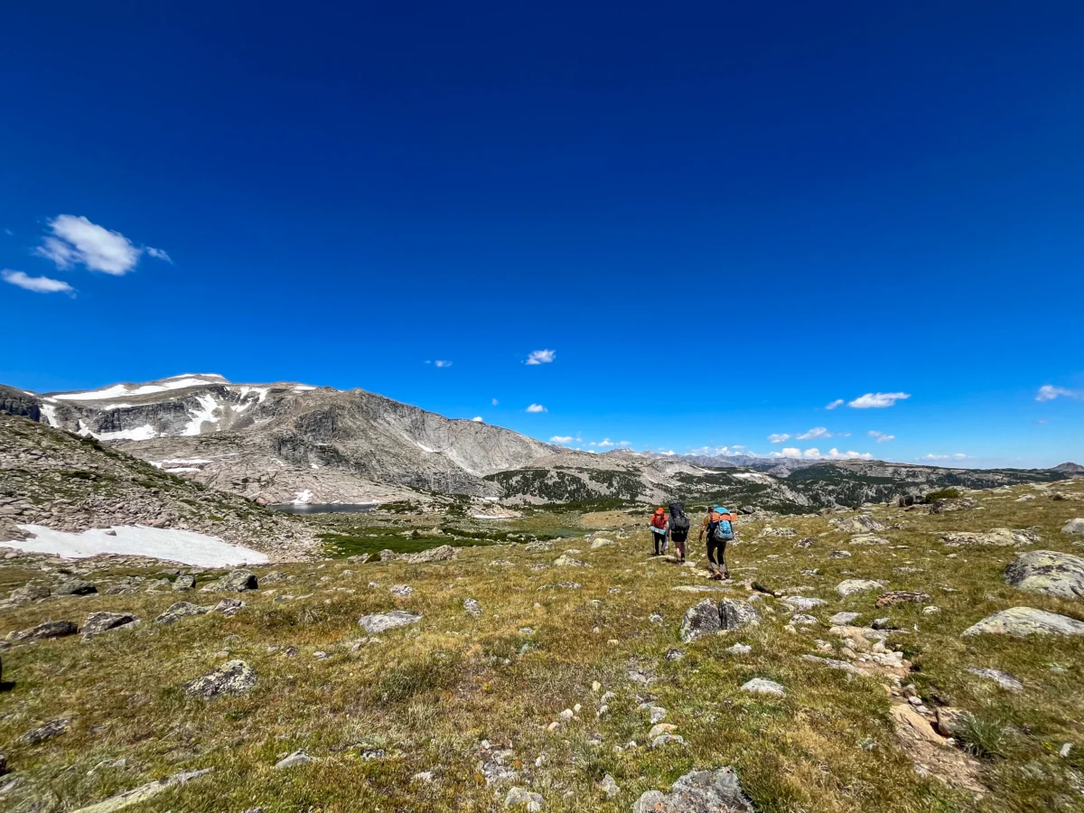 Hikers walk across the tundra with mountains in the distance.