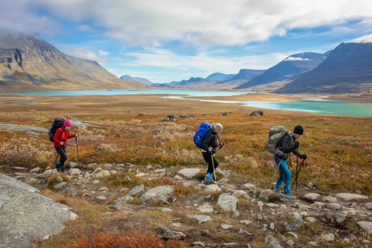 Hikers walk across the tundra in Sweden